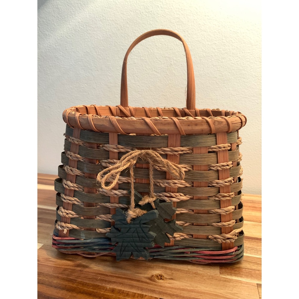 Handmade Rustic Basket with Handle and Wooden Leaf Accents Rustic Decor Woven